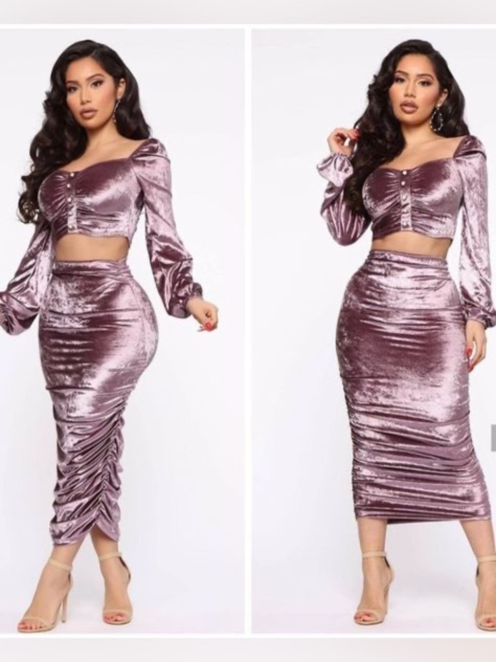 Fashion Nova Mauve Velvet Ruched Midi Skirt & Top Set